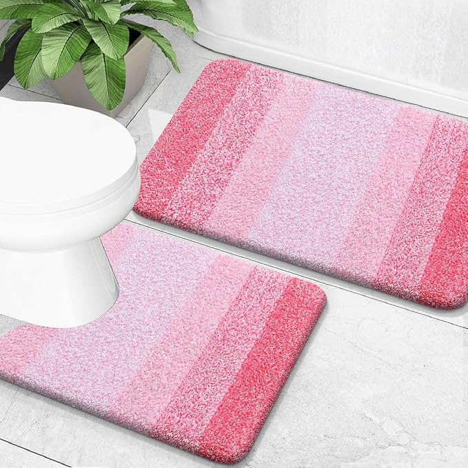 OLANLY Bathroom Rug Set 2 Piece, Soft Absorbent Microfiber Bath Mats and U-Shaped Contour Toilet Rug, Non-Slip, Machine Wash Dry, Plush Shaggy Bath Mats for Bathroom (24"x16"+U24 x20, Pink)