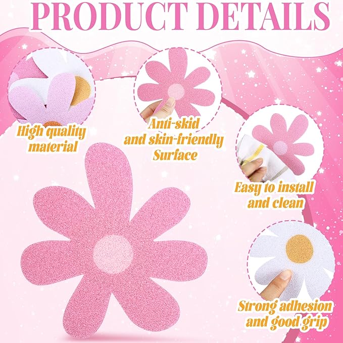 24 Pcs Flower Non Slip Bathtub Sticker Daisy Skidproof Shower Sticker Anti Slip Shower Decals Bathe Treads Adhesive Appliques Scraper Bright Flower Adhesive Decal for Bathroom Decor(Pink)