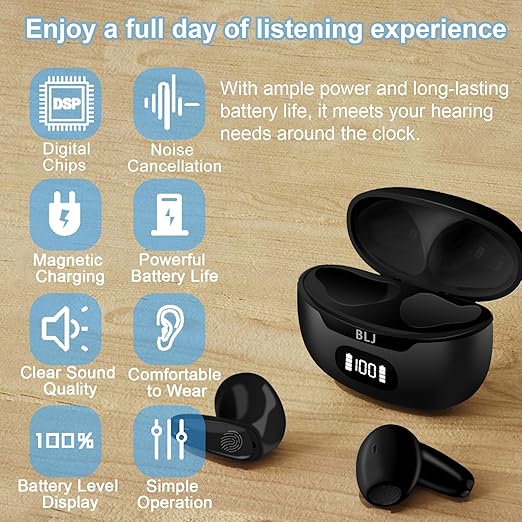 BLJ OTC Hearing Aids for Mild to Moderate Loss, Ergonomic Fit & Instant Use No App, 32-Channel DSP Noise-Cancelling & Feedback Suppression, Home/Office/Daily Use, Digital Display Case (Black)