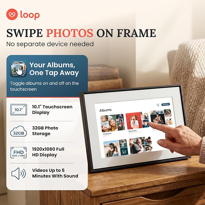 Loop Pro WiFi Digital Picture Frame 10.1 Inch - Full HD 1920x1080 with Touchscreen - Electronic Photo Display - Send Photos & Videos - Frame Gift for Family, Parents & Grandparents