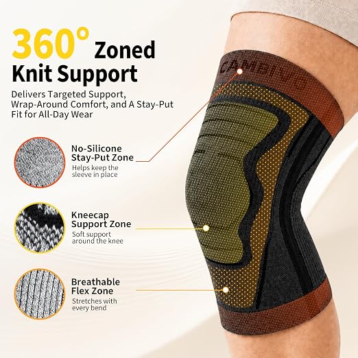 CAMBIVO 2 Pack Knee Brace for Women & Men, Latex Free & Silicone Free Compression Knee Sleeves with Side Stabilizers, Lightweight Knee Support for Arthritis, Meniscus, Walking, Running (Black, Medium)