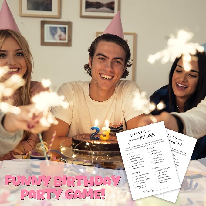 Birthday Party Game for Adults – “What’s on Your Phone?” Paper Game Cards, 25 Icebreaker Sheets for Adult Birthday Celebrations & Social Parties - A07