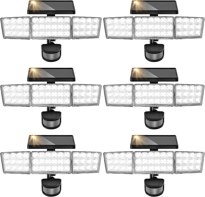 Solar Lights Outdoor, 3500LM 168 LED Motion Sensor Solar Flood Lights, 3 Heads 300° Wide Angle, 3 Modes IP65 Waterproof Solar Security Lights for Yard Garden Patio, 6 Pack (Black)
