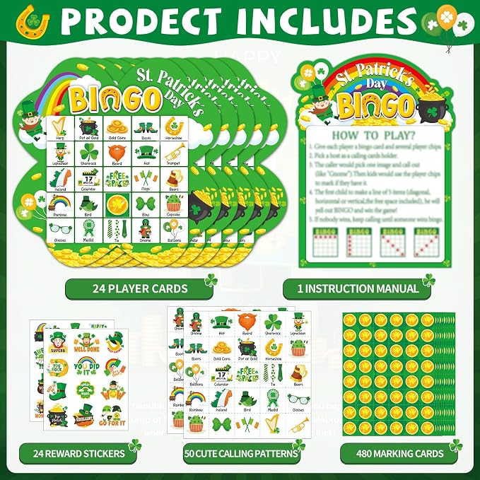 39Pcs St. Patrick’s Day Bingo Game for Adults Kids 24 Players Shamrock Shape Bingo Game Cards with Reward Stickers for Family Friend Large Group Activities St. Patrick’s Day Spring Party Favor