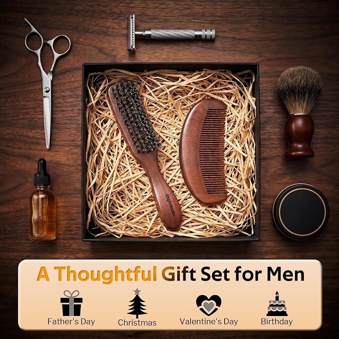 STYLEMATE Mens Boar Bristle Hair Brush Comb Set, Slick Back Mens Hair Brush with Stiff Bristles for Fine Hair, Beard Brush with Natural Black Walnut Wooden Gold Sandalwood Handle