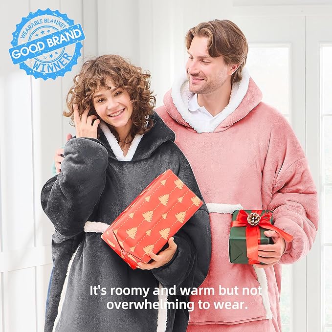 JOYWOO Pink Wearable Blanket Hoodie, Oversized Cat Lovers Sweatshirt Blanket for Adult & Teens, Birthday Gifts for Women Men Mom Girl Boys,Cozy Sherpa Blanket Giant Pocket Gifts,Mellow Rose Small