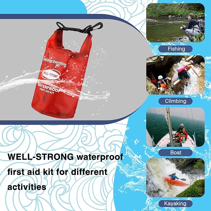 WELL-STRONG Dual Waterproof Boat First Aid Kit, Emergency Marine Kit with Buckles, Compact Boat Safety Accessories for Fishing Kayaking Boating Swimming Camping Rafting Beach Transparent Red