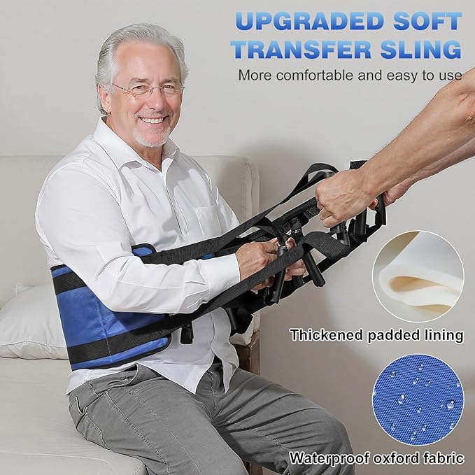 Rhino Valley Transfer Sling, Gait Belt with 10 Padded Handles, Non-Slip Nursing Transfer Belt, Safety Standing and Lifting Aid for Disabled, Elderly, Seniors, Injured, Blue+Black