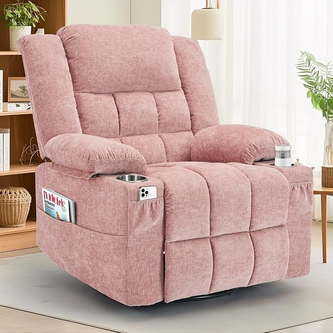 Korser 360° Swivel Rocker Recliner for Adults, Nursery Glider Recliner with Massage and Heating, Rocking Chair with Cup Holder, Manual Recliner Chair for Living Room, Bedroom (Fabric, Pink)