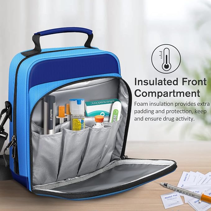 MEDMAX Insulin Cooler EpiPen Carrying Case Insulated, Travel Medication Diabetes Supplies Organizer Bag with Shoulder Strap for Asthma Inhaler, Auvi-Q, Allergy Medicine Essentials (Blue)