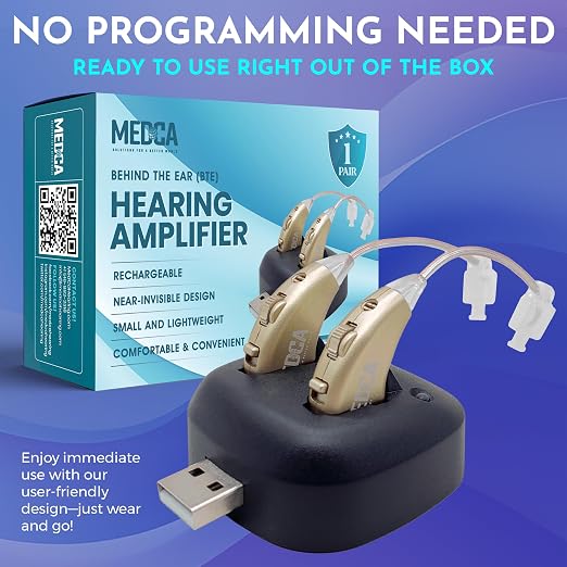 Digital Hearing Amplifiers - Rechargeable BTE Personal Sound Amplifier Pair with USB Dock - Premium Gold Behind The Ear Sound Amplification - by NewEar