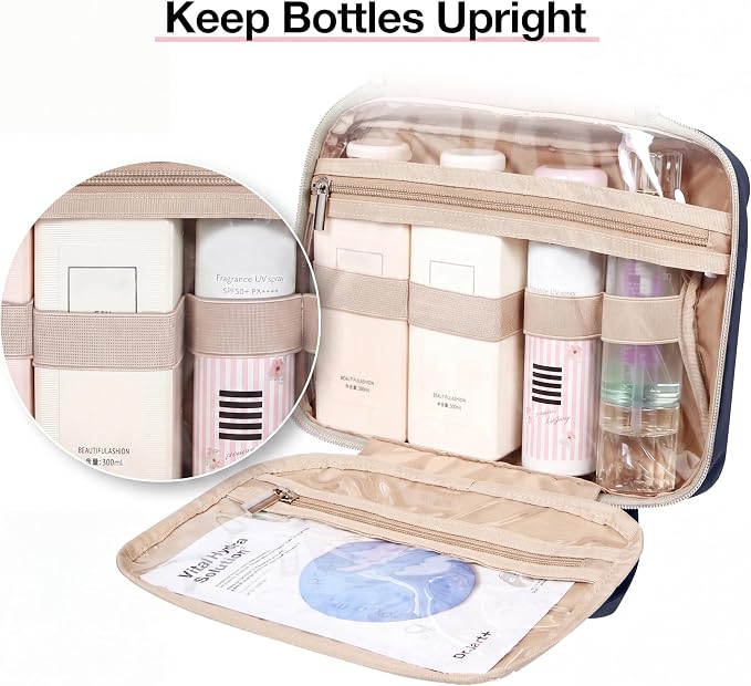BAGSMART Toiletry Bag Hanging Travel Makeup Organizer with TSA Approved Transparent Cosmetic Bag Makeup Bag for Full Sized Toiletries, Large-Navy