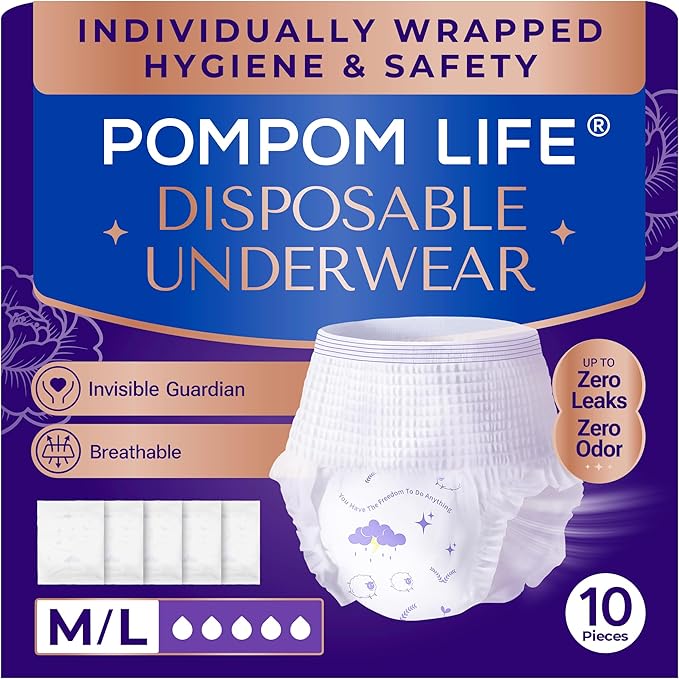 Incontinence Underwear for Women, Individually Wrapped Adult Diapers, High Absorbency Disposable, Breathable & Soft for Postpartum Women, Bladder Control, Day/Night Use Fits Waist 25"-33" (10 Count)
