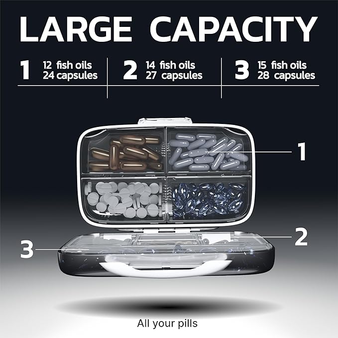 Travel Pill Organizer - Airtight Medicine Case for Traveling Portable Pharmacy Box with Labels Vitamin Container 8 Compartment Supplement Medication Holder Large Capacity Daily (Grey)