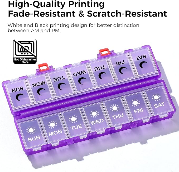 Foldable Pill Organizer Weekly 2 Times a Day, 7 Day Portable AM PM Travel Pill Case with Black&White Labels, Dual-Protection Daily Medicine Box, Large Pill Holder for Vitamin/Supplement-Clear Purple