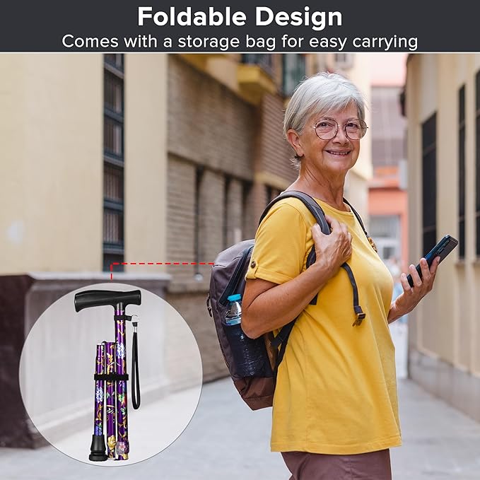 Floral Canes for Women Folding Cane for Stability with Non-Slip Base, Adjustable Walking Cane for Seniors - Lightweight Collapsible Walking Sticks with T & Offset Handle