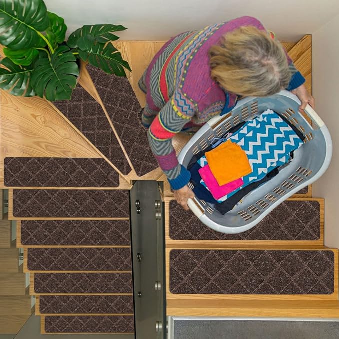 RIOLAND Stair Treads Carpet Non-Slip Indoor 15 PCS Wood Stair Treads Rugs Modern Stair Runners for Kids Dogs, 8" X 30", Diamond Brown