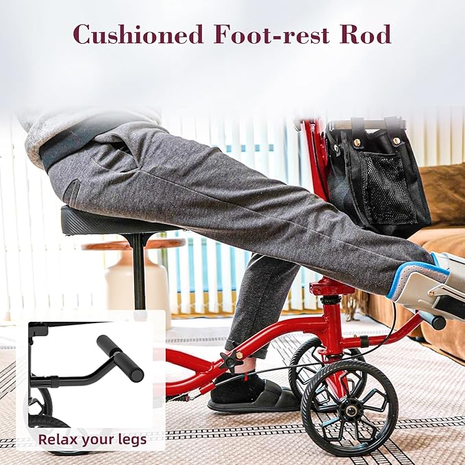 Lightweight Knee Scooter Crutch Alternative, Foldable & Adjustable Knee Scooter for Adults for Foot Surgery, Steerable Knee Walker with Detachable Storage Basket, Includes DIY Stickers-Hot Red