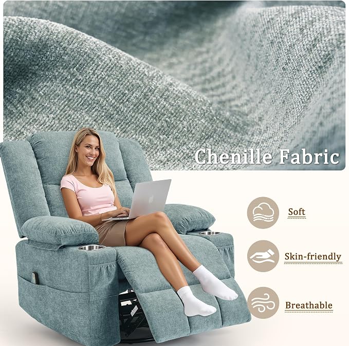 Korser Adult 360° Swivel Rocking Recliner, Nursery Rocking Chair with Massage and Heating Function, Cup Holder, Manually Adjustable Seat for Living Room and Bedroom (Fabric, Lake Blue)
