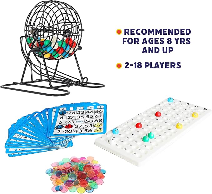 Popular Playthings Deluxe Bingo Game Set, Metal Cage with Reusable Cards and Marker Chips, Board Game Set for Adults and Kids - 18 Cards & 150 Chips