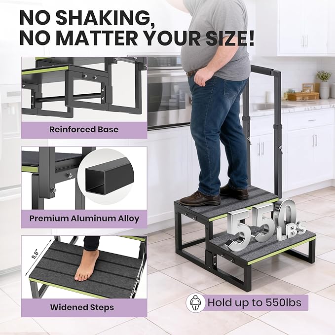 2 Step Stool with Handle for Elderly,Bed Steps for High Beds for Adults,Seniors,Heavy Duty Step Stool with Adjustable Handrail/Removable Cover/Glow Strip for Bathtub,Kitchen,RV