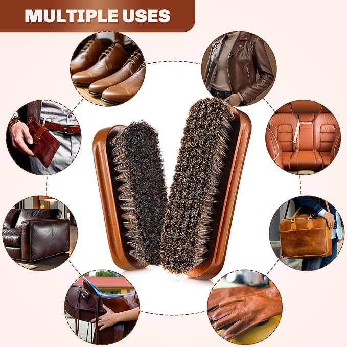 2 Pcs Horsehair Shine Shoes Brush Kit Polish Dauber Applicators Cleaning Leather Shoes Boots Care Brushes Suede Cleaner Brush(Brown Concaved Brush)