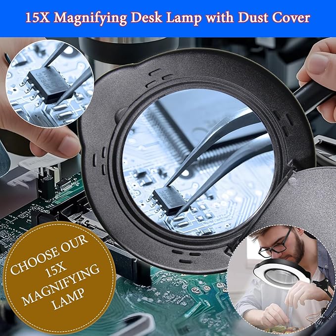 15X Magnifying Glass Desk Lamp with Clamp, Real Glass Lens, 84 LEDs, 5 Color Modes Dimmable, Led Lamp Magnifier with Dust Cover, USB Charger, Clean Cloth, Ideal Gift for Seniors, Crafters, Hobbyists