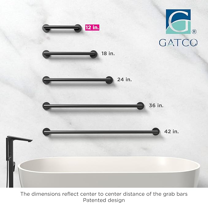 Gatco 960MX Glam 12" L Grab Bar, Matte Black/ADA Compliant Stainless Steel Safety Grab Bar for Bathroom