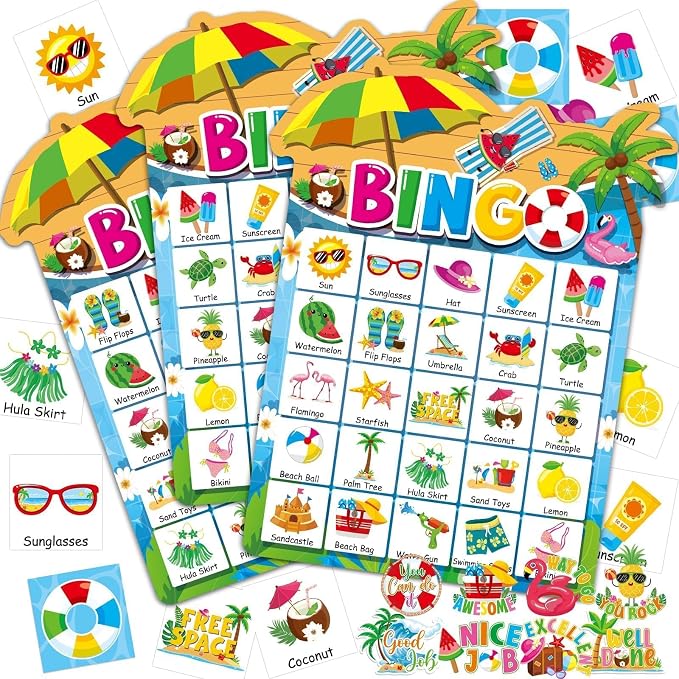 39Pcs Pool Party Bingo Game for Adults Kids 24 Players Summer Party Bingo Game Cards with Reward Stickers for Family Friend Student Large Group Activities Hawaiian Tropical Beach Parties Supply Favors