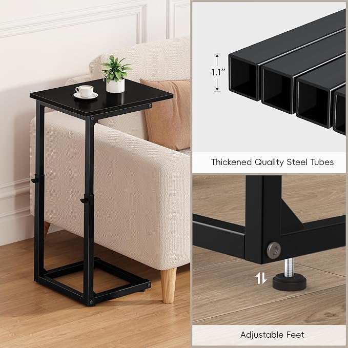 C-Shaped End Table for Couch, 33" Tall C Table Adjustable Height Side Table, Couch Side Tables with Metal Frame Slide Under Sofa, Sofa Table TV Tray for Living Room, Bedroom, Bedside, Black