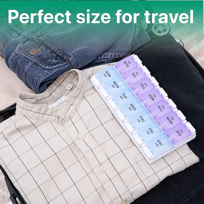 Sukuos AM PM Weekly 7 Day Pill Organizer, 2 Times A Day Pill Box with Arthritis Friendly Push Button, Medicine Cases for Vitamin/Fish Oil/Supplements, Easy to Clean (Purple&Blue)
