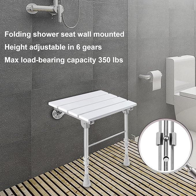 Folding Shower Seat Wall Mounted with Legs, Shower Seat Benches Stool Chair for Inside Shower, Fold Down Shower Seat for Seniors Small Shower Space, Foldable Fold up Waterproof Wood Height Adjustable
