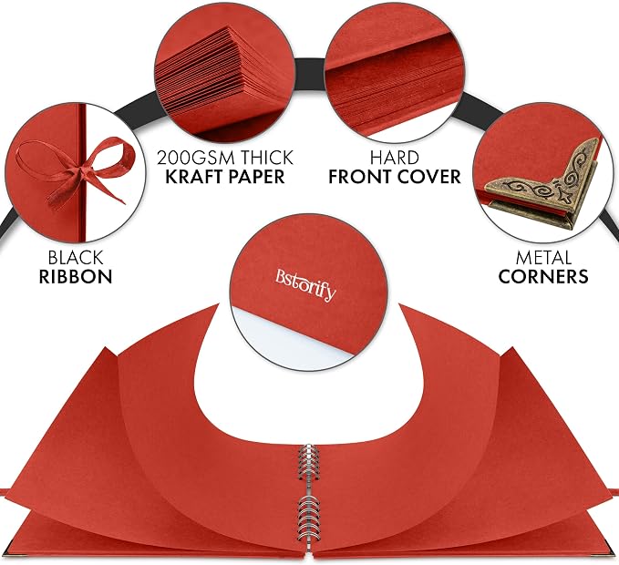 Bstorify Square Scrapbook Photo Albums 50 Pages (11 x 8.5 Inch) Red Thick Paper, Hardcover, Ribbon Closure - Ideal for Your Scrapbooking Albums, Art & Craft Projects (Red, 11 x 8.5 Inch)