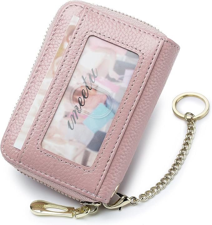 imeetu RFID Credit Card Holder, Small Card Wallet Women, Leather Card Case | Genuine Leather Women's Card & id Cases, Change Coin Purse with Zipper Keychain id Window, 20 Colors & 3 Styles, Daily, Gifts
