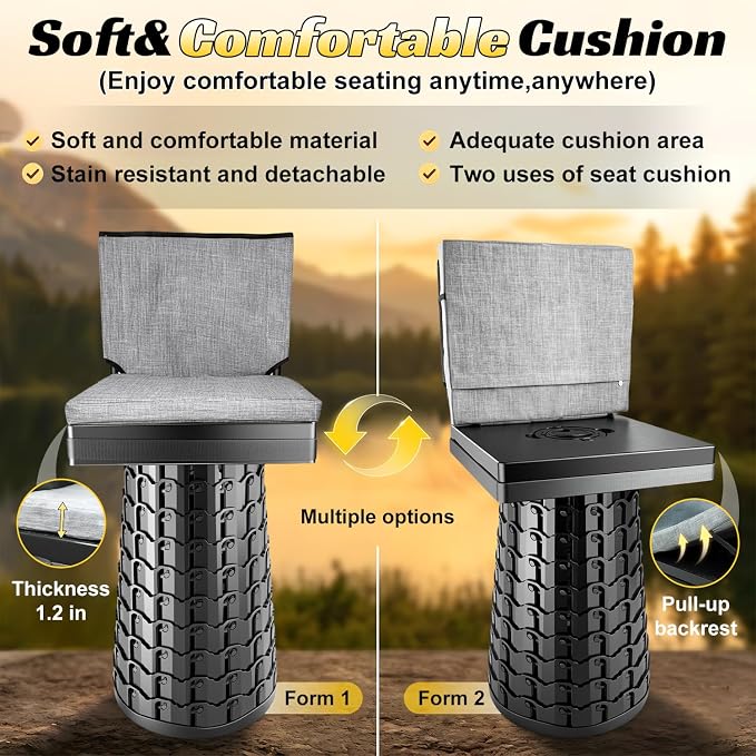 Upgraded Collapsible Stool with Backrest & Extra Thick Cushion,1000lbs Max Weight,Heavy Duty Portable Folding Outdoor Chair with Dual Storage Pockets,Telescoping Seat for Camping,Fishing & Travel,Yard