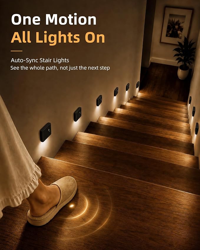 EZVALO 3 Pack Motion Sensor Night Lights, Sync LED Stair Lights Indoor, 1500mAh Rechargeable, Magnetic & Dimmable, 3000K Soft White, Portable Nightlight for Hallway, Stairs, Bathroom, Bedroom (Black)
