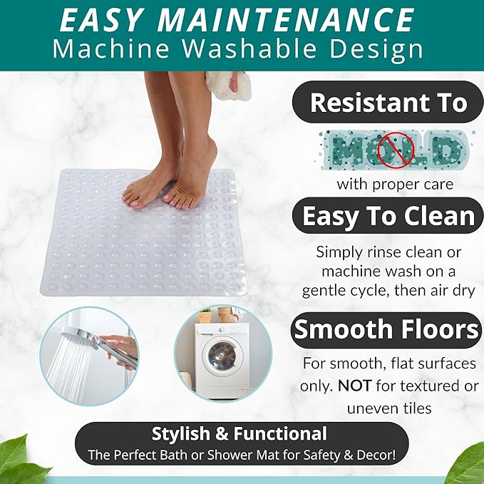 ENKOSI Square Shower Mat – 21 x 21 Inch Non-Slip Bathroom Shower Stall Mat with Suction Cups and Drain Holes – Anti-Slip Shower Mats for Inside Shower - Square Bathmat (21x21 Clear)