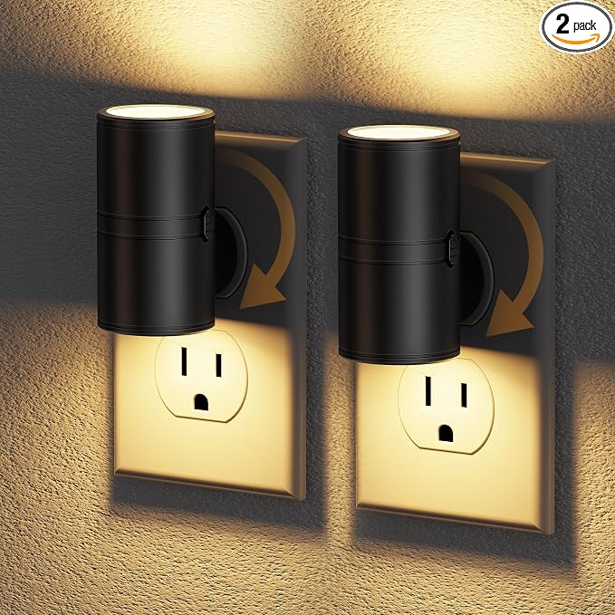 JandCase LED Night Light Plug in, Rotating Night Lights Plug into Wall Warm | Dusk to Dawn Sensor, 2 Level Brightness Adjustable Nightlight, 2 Pack, Warm White 3000K, for Bathroom Bedroom Hallway Stairs