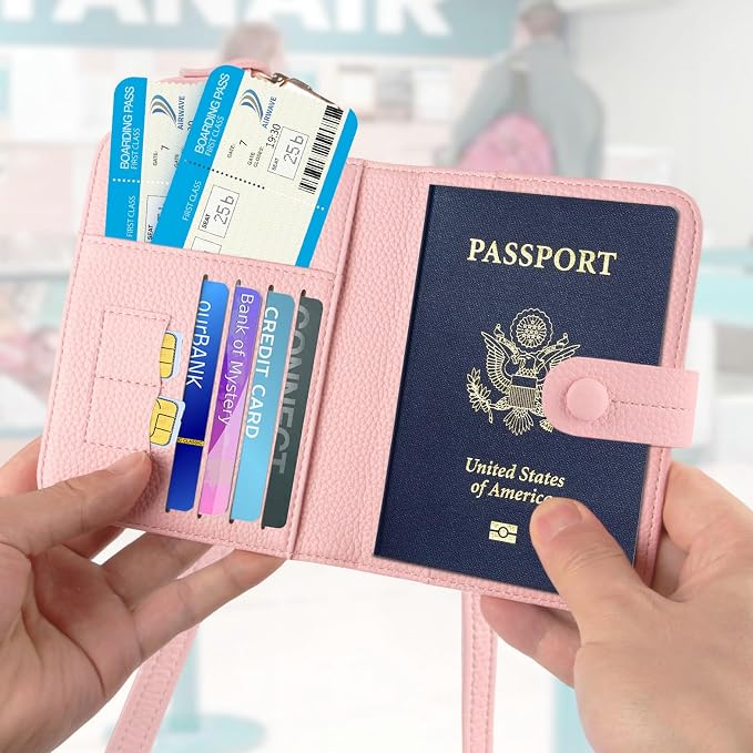 Passport Holder RFID Protected Wallet and Luggage Tag with Protection Cover Travel Accessories Leather Card Case Organizer for Women Men (Pink)