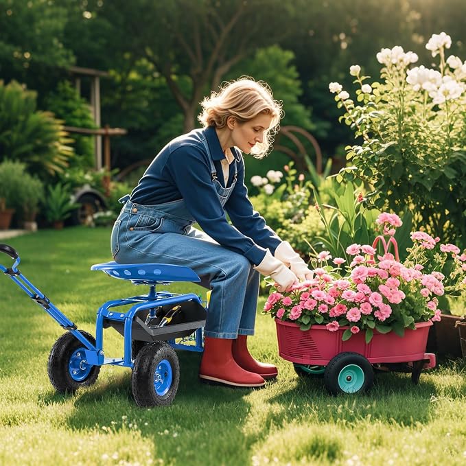 Garden Seat with Wheels, Rolling Stool with Extendable Handle, Storage Basket & Tool Tray, Garden Scooter with 360 Degree Swivel Seat for Outdoor & Yard (Blue)
