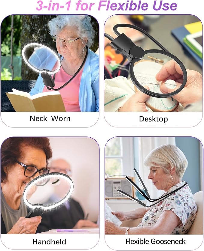 Hands Free Magnifying Glass with Light, 5X 15X Lighted Neck Magnifier for Craft Cross Stitch Needlepoint Needlework Sewing Embroidery Reading, Magnifying Glasses for Close Work, Low Vision Seniors
