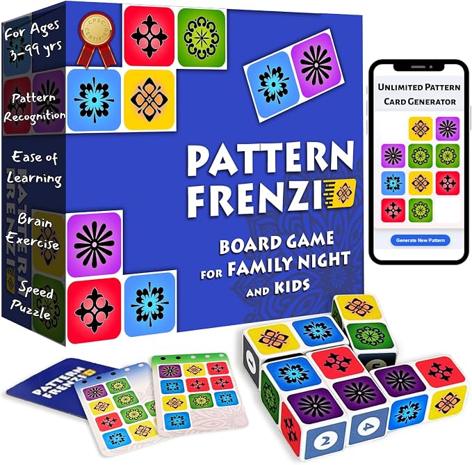 Pattern Matching Board Game for Kids & Adults, Family Night Board Games, Block Puzzle Games for Kids, Ages 3+ to 99 yrs, Play 1 to 5 Players, Unlimited Puzzle Cards, Perfect All Occasion Gift