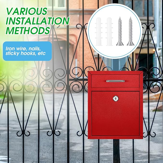 Yaocom Locking Mailbox with Key for Outdoor 10 x 7 x 3 Inches Small Wall Mount Mail Box with Lock Security Mail Drop Metal Collection Boxes Hanging Secure Postbox(Red)