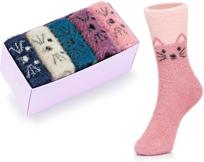 SISOSOCK Fuzzy Socks for Women Cute Cat Paw 5 Pairs Winter Fluffy Cozy Plush Slipper Socks With Gift Box for Women Girls Gifts