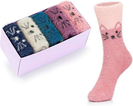 SISOSOCK Fuzzy Socks for Women Cute Cat Paw 5 Pairs Winter Fluffy Cozy Plush Slipper Socks With Gift Box for Women Girls Gifts