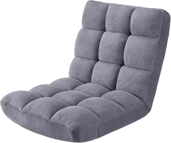Folding Floor Gaming Chair 14-Poistion Cushioned Adjustable Floor Lazy Sofa Chair w/Breathable Cotton & Skin-Friendly Coral Velve for Adults & Kids Perfect for Reading Gaming Meditating, Grey