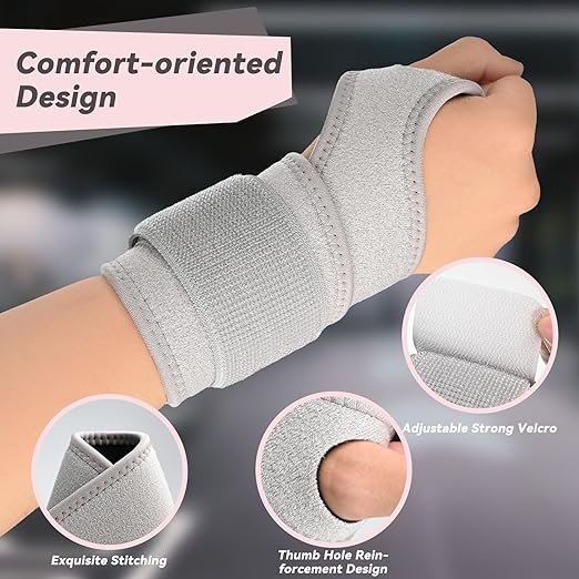 Wrist Support Brace for Right Left Hand 2 Pairs, Wrist Wraps for Women Men, Adjustable Wrist Brace for Carpal Tunnel Tendonitis, Arthritis, Pain Relief, Weightlifting, Sports, Day Night Support, Grey