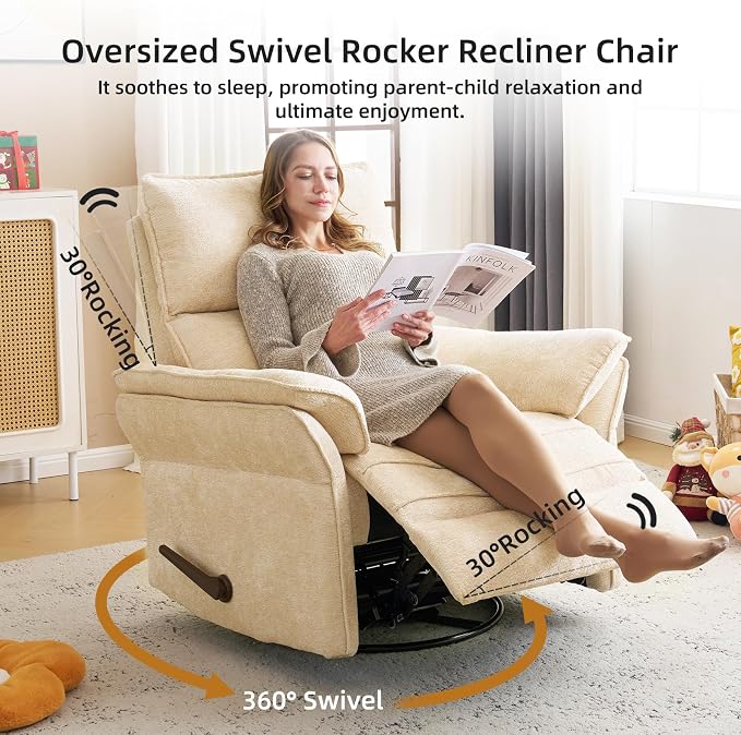 Oversized Recliner Chair, 24" Extra Wide 360° Swivel Rocker Recliner with Adjustable Headrest, Chenille Glider Rocking Nursery Chair with Overstuffed Armrest, Lumbar Support, Beige