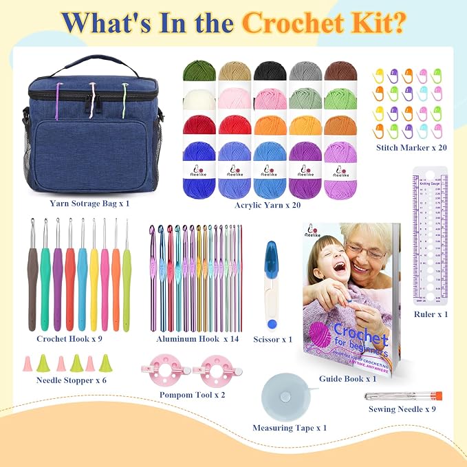Aeelike Crochet Kit for Beginners Adults, Complete Yarn Kit, Navy | 87 PCS Crochet Kits for Beginners All-inclusive Crochet Set with Yarns Hooks Step-By-Step Instruction Storage Bag, Ideal Gift