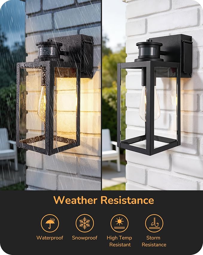 EDISHINE 2 Pack Outdoor Wall Light with Outlet Motion Sensor Dusk to Dawn | 3 Modes, GFCI, Anti-Rust & Waterproof, Clear Glass, Dimmable, E26, 12"H Exterior Porch Light for Front Door, Garage, Patio